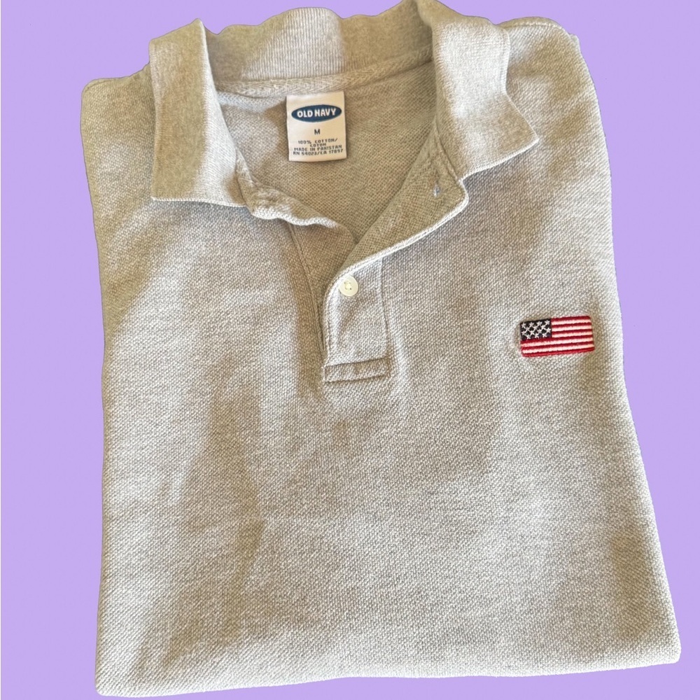 Old Navy Heather Gray Polo with Flag Emblem